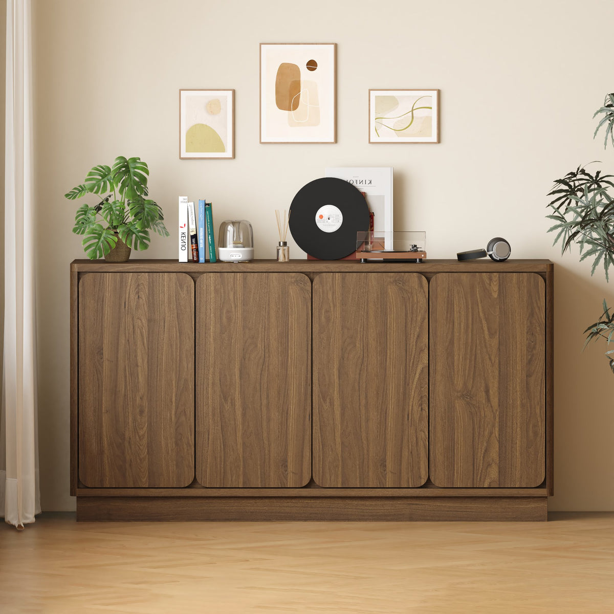 59.1 Inch Walnut 4-Door Sideboard Buffet Cabinet, Particle Board Storage Credenza with Adjustable Shelves, Wide Console Storage Cupboard for Dining Room, Kitchen, Living Room & Entryway