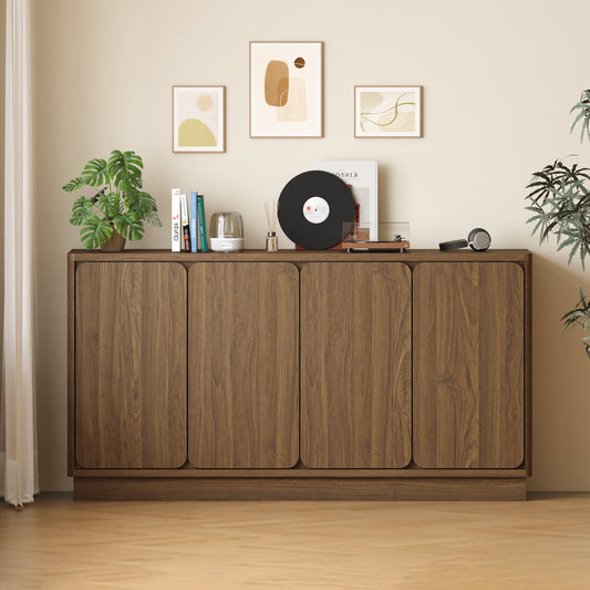 59.1 Inch Walnut 4-Door Sideboard Buffet Cabinet, Particle Board Storage Credenza with Adjustable Shelves, Wide Console Storage Cupboard for Dining Room, Kitchen, Living Room & Entryway