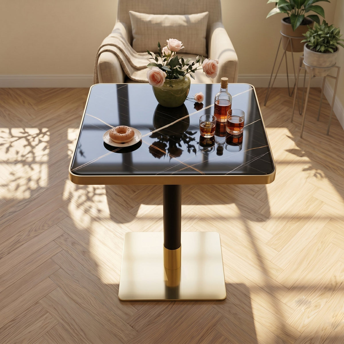 24" Square Faux Black Marble Bistro Table, 28.8" High Modern Dining Table with High Gloss UV Finish & Gold Metal Trim Edge, Heavy-Duty Stainless Steel Base Frame for Small Spaces, Cafe, Kitchen, Bistr