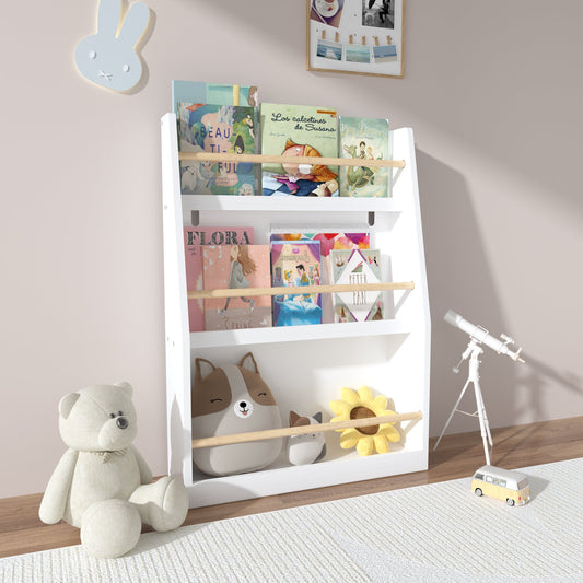 3 Tier Kids Book Shelf, White MDF & Pine Wood Storage Rack, Playrooms, and Classrooms