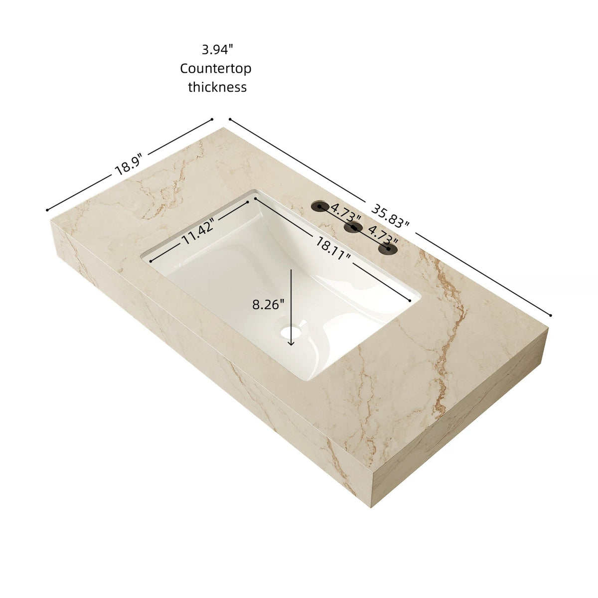 36" Cream Gold Vein Sintered Stone Countertop&Undermount Ceramic Basin with 3 Standard Pre-drilled Faucet Holes, NO Cabinet, NO Faucet and Sink Cover, Suitable for LULA, EIDEN, FINO, MURI etc.