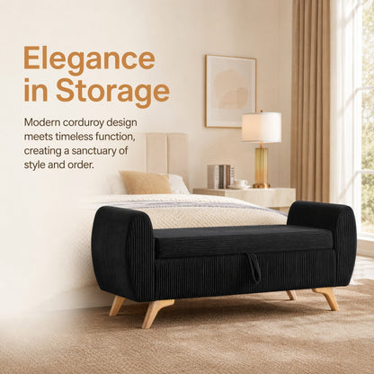 57"Modern Design Corduroy Upholstered with Storage Bed Bench,Wood Legs Bench for Bed Room,Hall Way Black