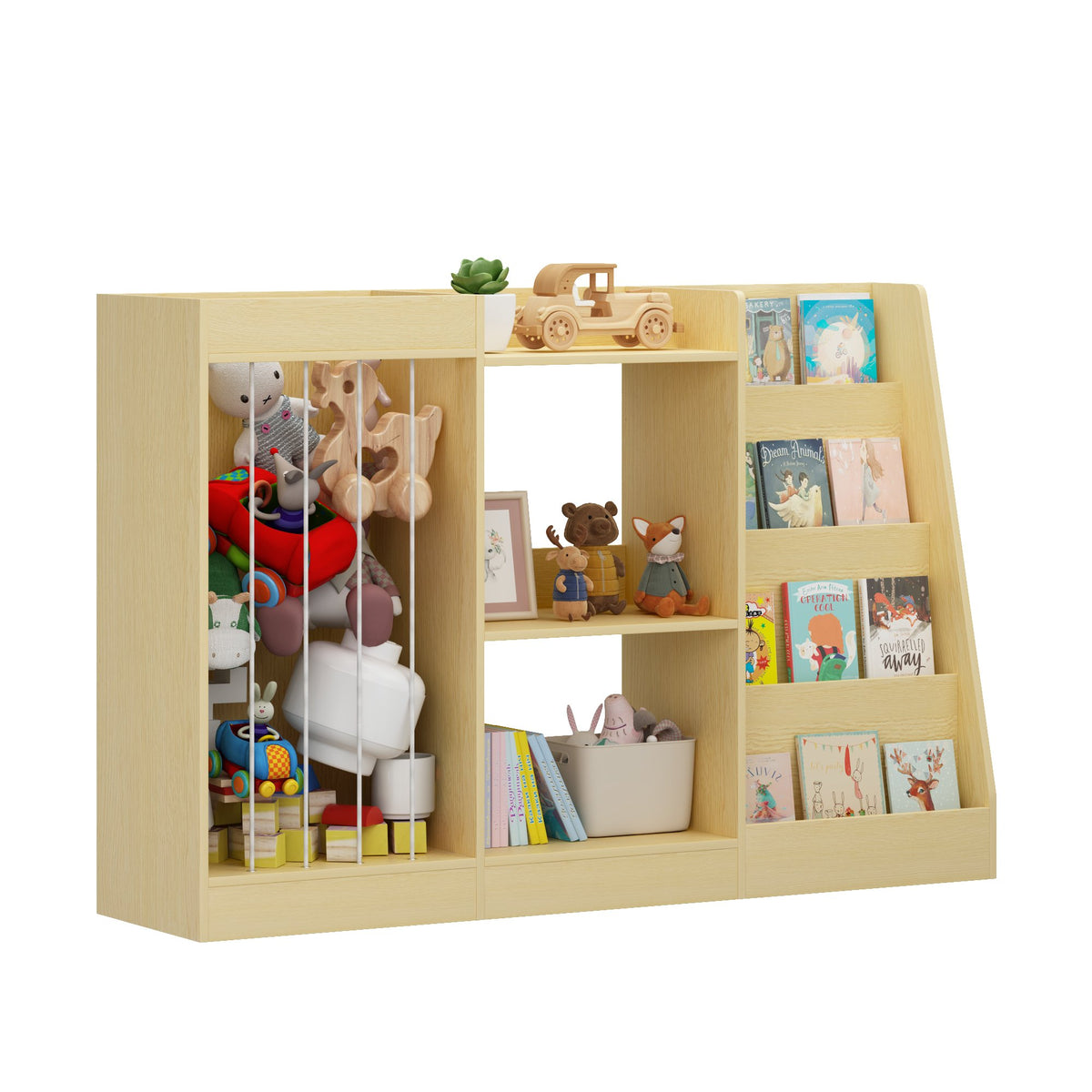 3-in-1 Kids Bookshelf and Toy Storage, 4-Tier Book Shelf for Kids Rooms, Sling Baby Bookcase with Stuffed Animal Storage, Toddler Montessori Bookshelf for Nursery, Playroom, Kindergarten, Natural