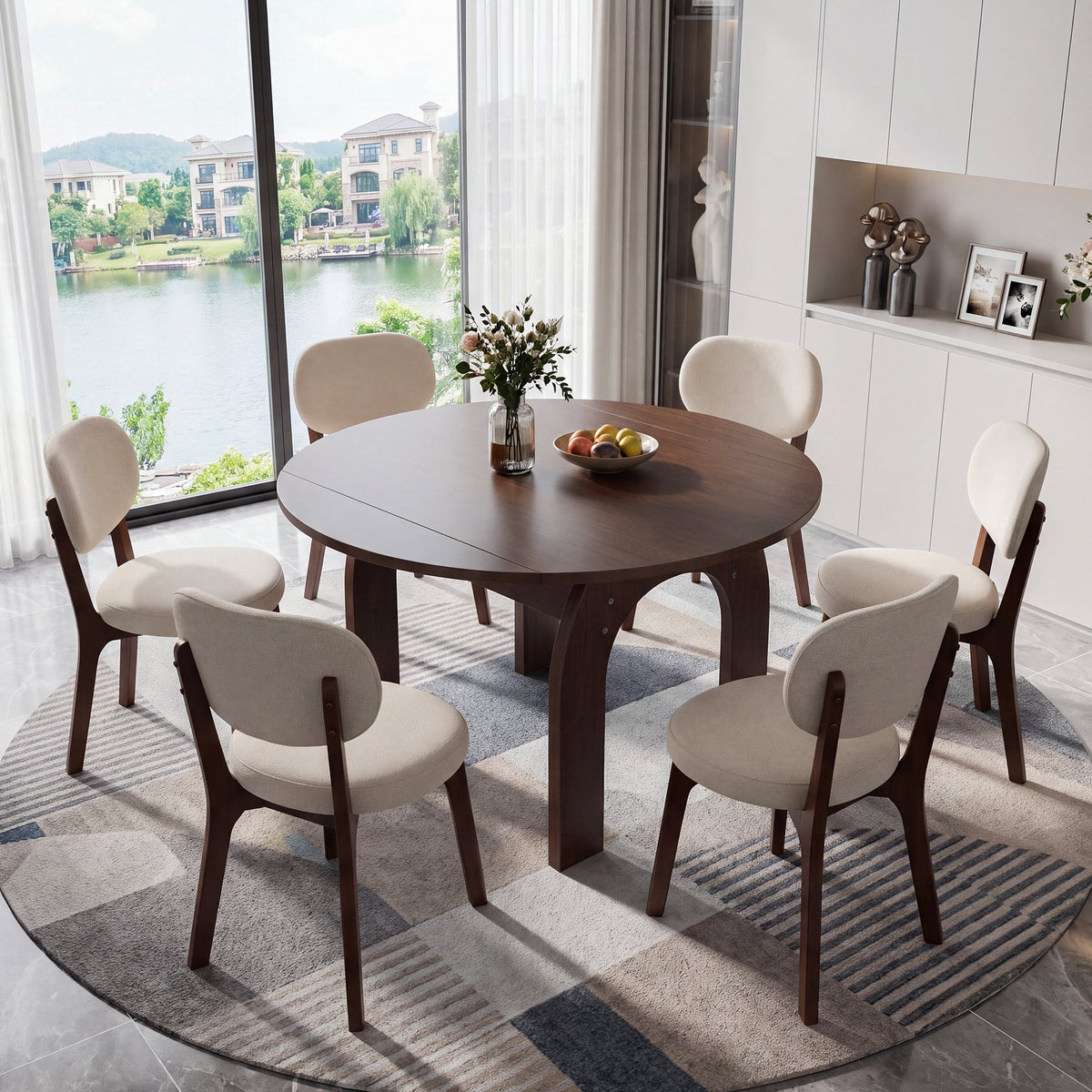 51.2" Solid Wood Extendable Dining Table Set with 4 Upholstered Chairs, 5 Piece Farmhouse Dinner Set with Walnut Finish & Arch Legs, Drop Leaf Converts Oval to Round for Small Spaces, Easy Assembly