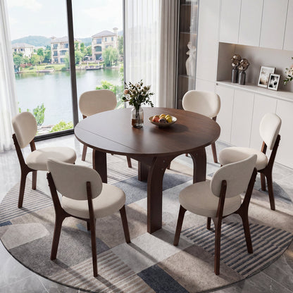 51.2" Solid Wood Extendable Dining Table Set with 4 Upholstered Chairs, 5 Piece Farmhouse Dinner Set with Walnut Finish & Arch Legs, Drop Leaf Converts Oval to Round for Small Spaces, Easy Assembly