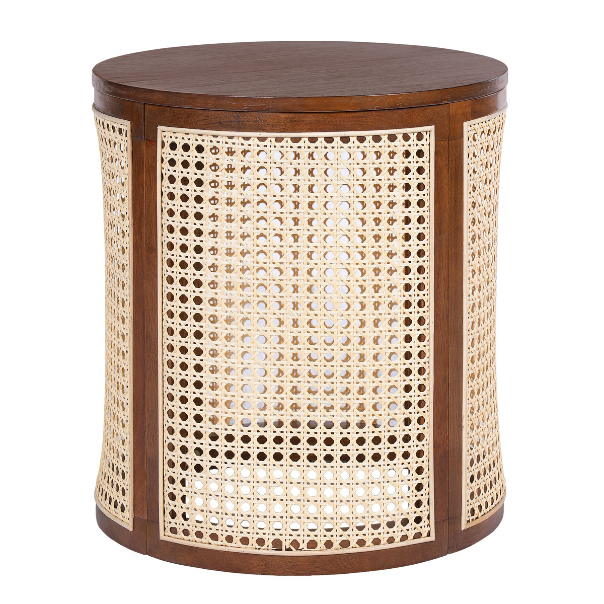 15.70" Round End Table, Hollow Woven Side Table, Small Rubber Wood Nightstand, Rattan Woven Tea Desk, Round Wood Tabletop, Chic Home Decor Desk, Easy Assembly, Dark Brown Color