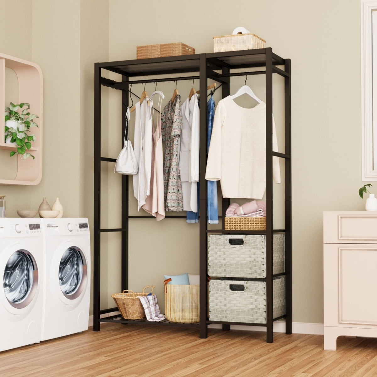Acacia Wood Garment Racks with Shelves 2 Wicker Drawers and 4 Hooks Heavy Duty Closet Organizer for Hanging Clothes, Freestanding Closet Wardrobe Rack, Light Gray