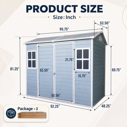 8 ft x 4 ft Outdoor Storage Shed with Two-Window and Double-Door, Plastic Shed with Floor for Garden,Patio,Yard,Lawn,gray (W540S00045)(W540S00074)(W540S00055)