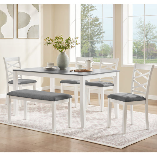 6-Piece Dining Table Set with Bench, Wood Dining Table Set for 6, Modern 6-Person Dining Table Set, Grey & White two tone