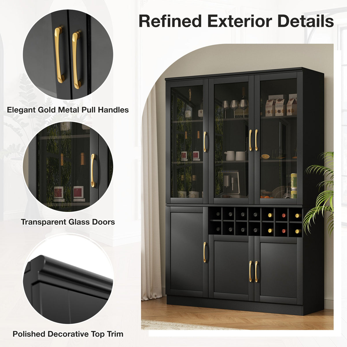 70.87'' Tall Wine Bar Cabinet with Glass Doors, Modern Liquor Cabinet with Removable 14-Bottle Wine Rack & Built-in Door Shelves, High-Capacity Home Bar Cabinet, Black70.87
