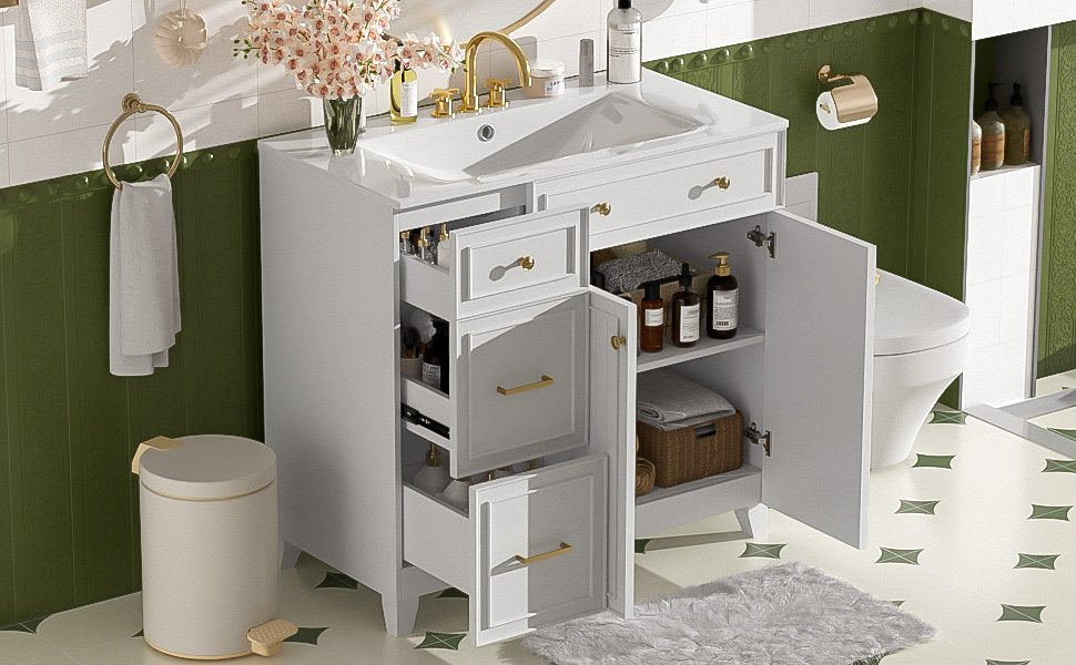 36" Modern Bathroom Vanity with Ceramic Sink, Soft Close Doors, Adjustable Shelves, Solid Wood Frame+MDF