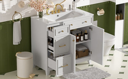 36" Modern Bathroom Vanity with Ceramic Sink, Soft Close Doors, Adjustable Shelves, Solid Wood Frame+MDF