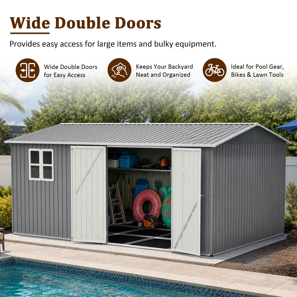 14x10 FT Outdoor Storage Shed, 780 cu.ft Large Metal Tool Shed with Built-in Foundation Frame, Double Doors & Air Vents, Galvanized Steel Sloped Roof – For Backyard, Patio, Poolside, Garden