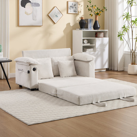 58 inch 3-in-1 Upholstered Futon Sofa Convertible Floor Sofa bed,Foldable Tufted Loveseat with Pull Out Sleeper Couch Bed,Folding Mattres Love Seat Daybed W/Side Pockets for Living Room White