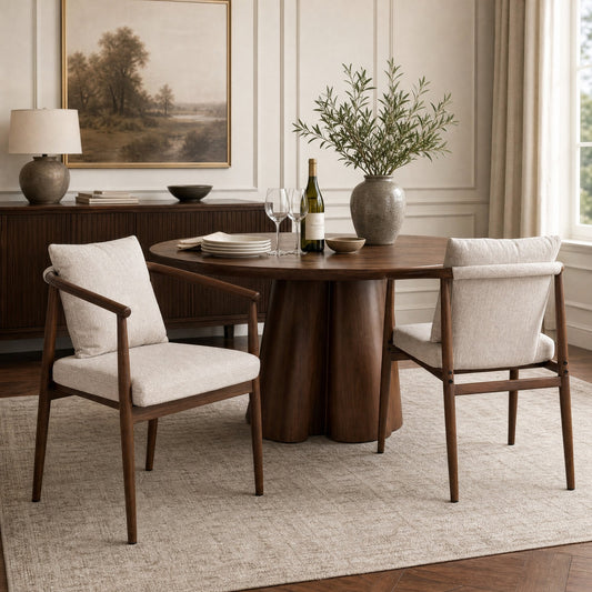 2 Pack Modern Curved Arm Dining Chairs, Walnut Finished Iron Frame Accent Chairs with Beige Upholstered Fabric Seat & Back Cushion, Mid Century Indoor Side Chairs for Kitchen Dining Room