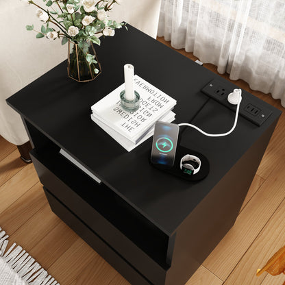 (Set of 2)End Table with Fast USB C Charging Station, Sofa Side Table with 2 Drawers, Large Storage Modern Wood Storage Cabinet, Black