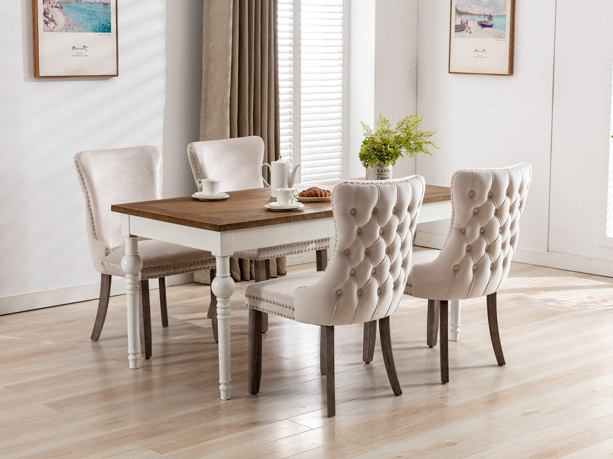 A&A Furniture, Upholstered Wing-Back Dining Chair with Backstitching Nailhead Trim and Solid Wood Legs, Set of 2, Beige, SW8809BG, KD
