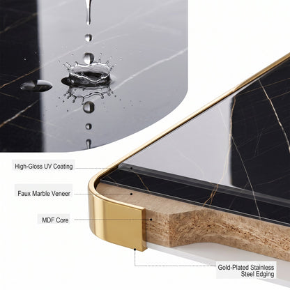 24" Square Faux Black Marble Bistro Table, 28.8" High Modern Dining Table with High Gloss UV Finish & Gold Metal Trim Edge, Heavy-Duty Stainless Steel Base Frame for Small Spaces, Cafe, Kitchen, Bistr