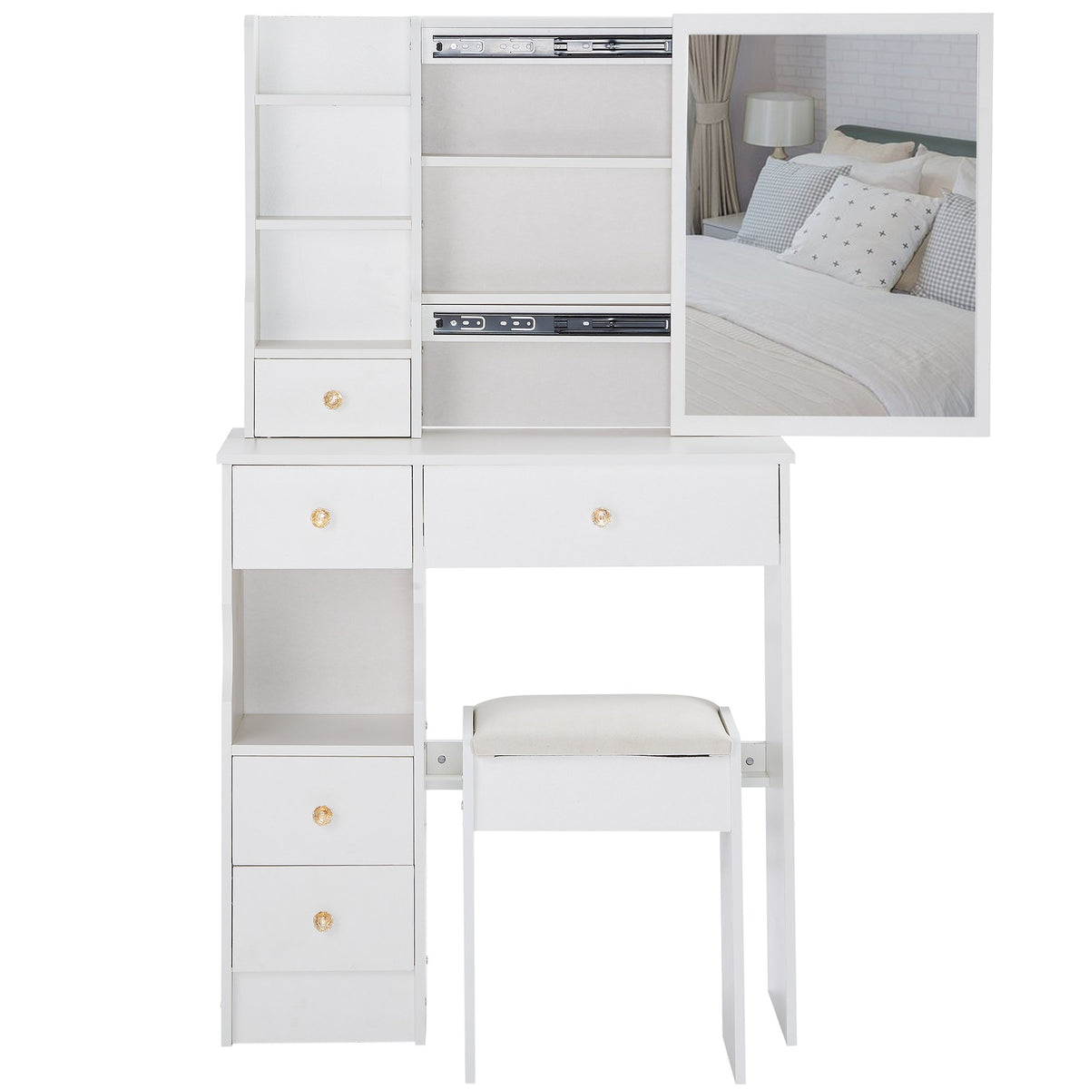 29.2" Small Space Left Drawer Desktop Vanity Table + Cushioned Stool, Extra Large Right sliding mirror, Multi Layer High Capacity Storage – Model W3258P299609