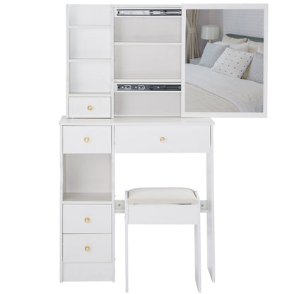 29.2" Small Space Left Drawer Desktop Vanity Table + Cushioned Stool, Extra Large Right sliding mirror, Multi Layer High Capacity Storage – Model W3258P299609