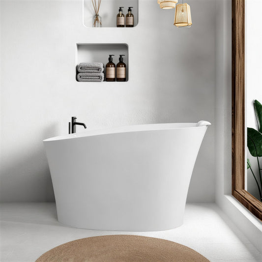 51" Solid Surface Oval Freestanding Glossy White Bathtub with Overflow and Drain Assembly, with Integral Seat and headrest, LTL