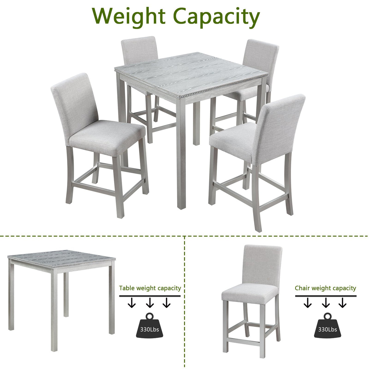 5 Piece Counter Height Table Set, Wooden Kitchen Table Set with Square Table and 4 Upholstered Chairs