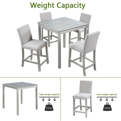 5 Piece Counter Height Table Set, Wooden Kitchen Table Set with Square Table and 4 Upholstered Chairs