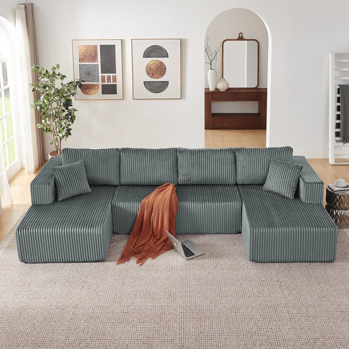132" U Shaped Modular Sectional Sofa, Comfy Compressed Cloud Couch with Side Pockets, Modern Minimalist Corduroy Memory Foam Sleeper Sofa