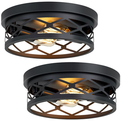2 Pack 2-Light Matte Black Industrial Flush Mount Ceiling Light, Farmhouse Round Ceiling Lamp for Hallway Kitchen Entryway(No light bulb)