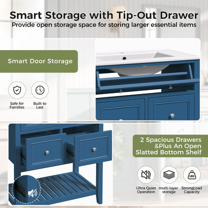 30" Navy Blue Bathroom Vanity with Ceramic Sink – Freestanding Storage Cabinet with Tip-Out Drawer, 2 Drawers & Open Slatted Shelf, Reversible Side Towel Rack, Silver Handles, MDF