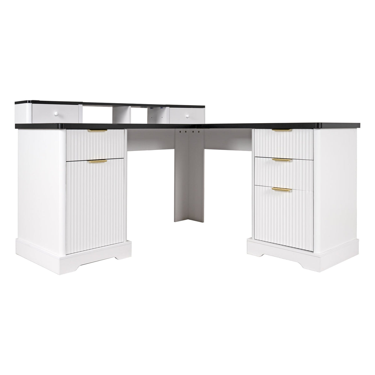 59" Modern Fluted L-Shaped Desk with Charging Station & Storage Cabinet - Home Office Computer Desk with Monitor Stand