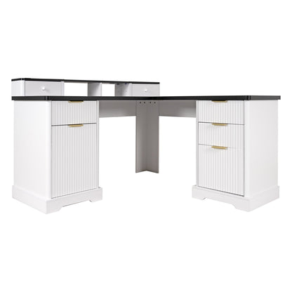 59" Modern Fluted L-Shaped Desk with Charging Station & Storage Cabinet - Home Office Computer Desk with Monitor Stand