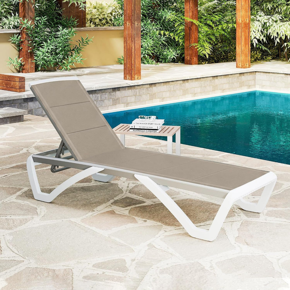 3D Pool Patio Lounger Chair Outdoor Chaise Lounge Chair, Brown, Aluminum Frame, All Weather Pool Lounge Chair for Deck Lawn Backyard
