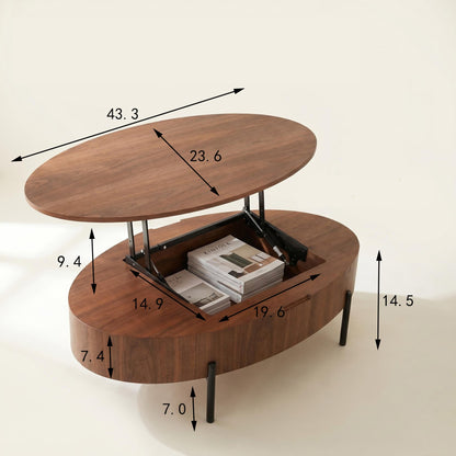 43.3-inch height-adjustable coffee table with solid wood veneer; modern-style coffee table with storage and adjustable height, suitable for living rooms, bedrooms, flats or offices; walnut colour