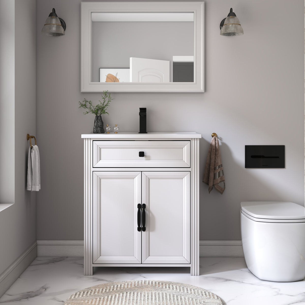 27.8" Modern Bathroom Vanity Set with Reinforced Legs & Painted Surface, Mid-Century Freestanding Bathroom Vanity Sink with Storage, High-end Restroom Vanity Cabinet with Flip-top Drawer&Metal Handles