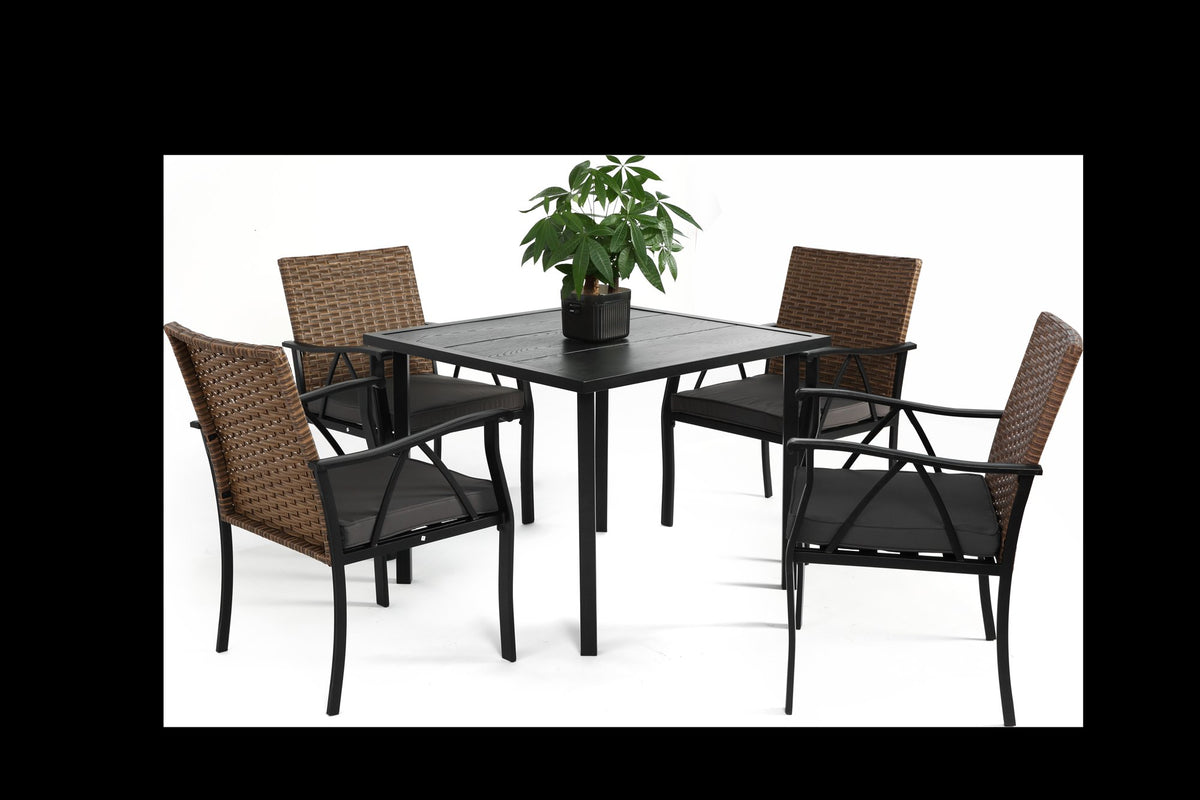 5-Piece Wicker Outdoor Table and Chairs, Patio Dining Set w/Square steel Tabletop and Umbrella Hole, Patio Table and Chairs Set for Backyard Deck Balcony Front Porch