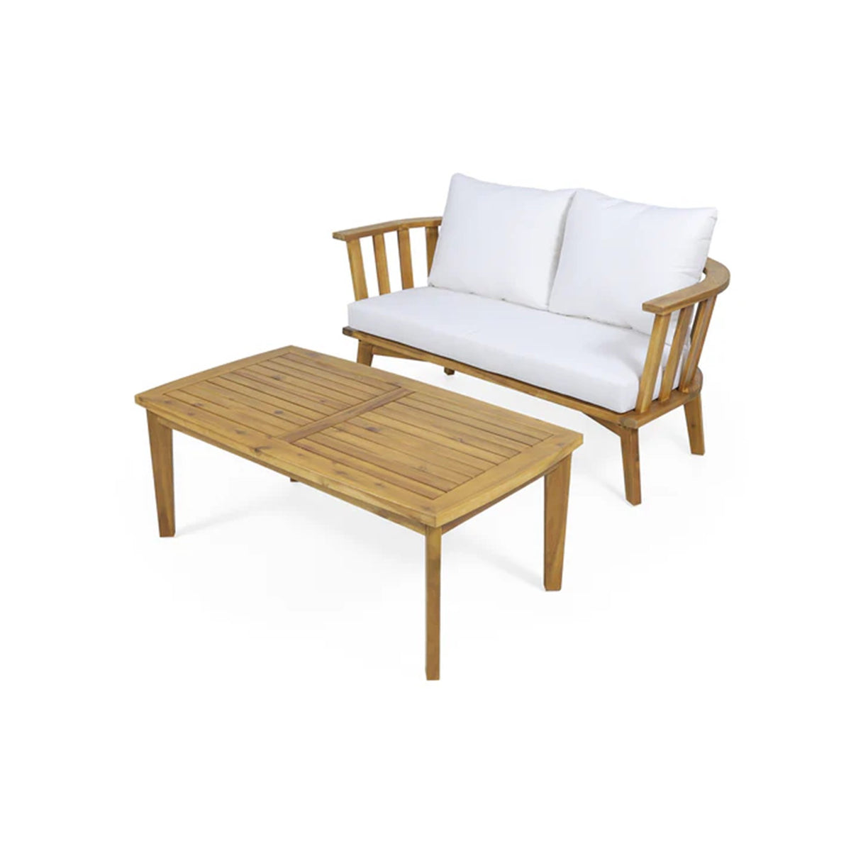2 - Person Outdoor Acacia Wood Patio Seating Group with Cushions and Coffee Table for Porch, Garden, Backyard, Balcony, Teak Finish, White
