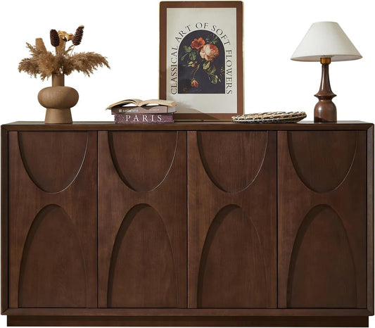 4 Door Accent Cabinet with Solid Wood Carved Doors, Adjustable Shelves, Push to Open Storage Cabinet with Cable Management, Ash Veneer Sideboard for Living Room,