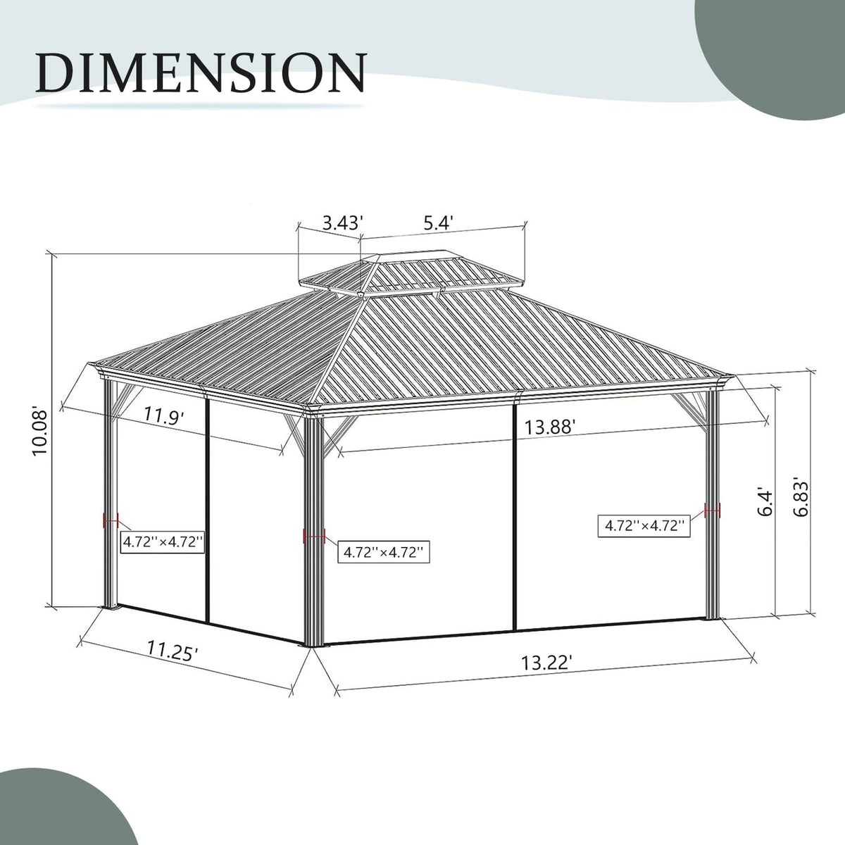 12" X 14" Hardtop Gazebo Permanent Aluminum Outdoor Gazebo with Galvanized Steel Double Roof, Drainage Gutters, Curtains