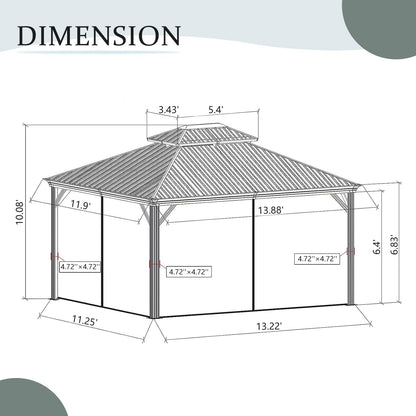 12" X 14" Hardtop Gazebo Permanent Aluminum Outdoor Gazebo with Galvanized Steel Double Roof, Drainage Gutters, Curtains