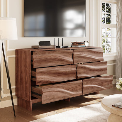 59.1" Buffet Sideboard with 6 Drawers, Walnut Finish with Wave Grain Texture, Farmhouse Storage Cabinet for Dining Room Living Room Hallway, Large Space Accent Furniture, Easy Assembly