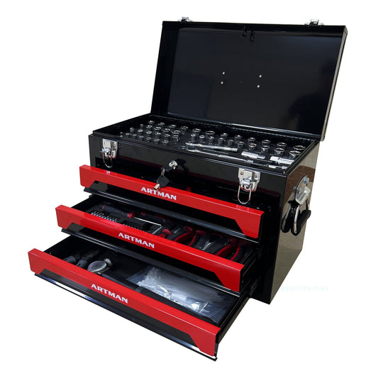 20'' Portable 3-Drawer Steel Toolbox, 4 Layers of Tools with Metal Latches, with Top Storage Tray and carrying Handle – Model W110255889