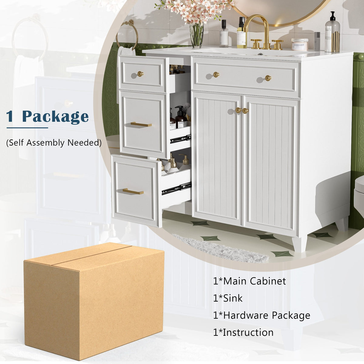 36" Modern Bathroom Vanity with Ceramic Sink, Soft Close Doors, Adjustable Shelves, Solid Wood Frame+MDF