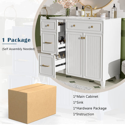 36" Modern Bathroom Vanity with Ceramic Sink, Soft Close Doors, Adjustable Shelves, Solid Wood Frame+MDF