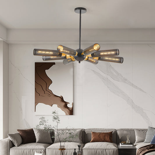 34" Modern Industrial Sputnik Chandelier, 8-Light Black and Gold Metal Pendant Light with Mesh Shades, E26 Base, Adjustable Height