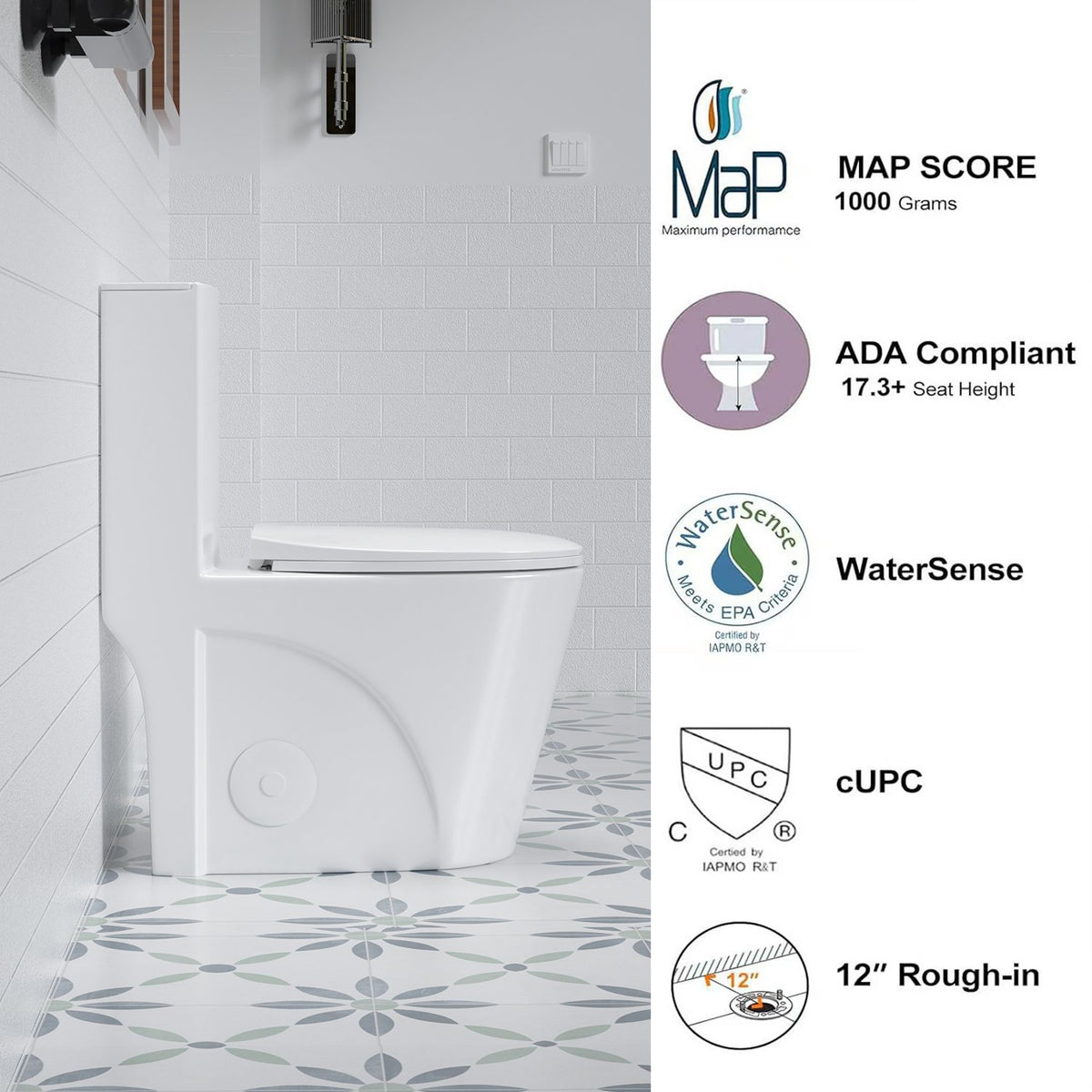1.1/1.6 GPF Siphonic Flush One-Piece Toilet for bathrooms,Siphonic S-trap 12",Elongated Bowl with Soft Close Seat,Powerful Dual Flush MAP 1000g,Comfort Chair Seat ADA Height 17",Glossy White GW-001