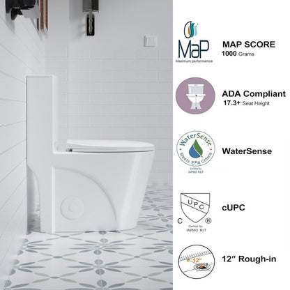 1.1/1.6 GPF Siphonic Flush One-Piece Toilet for bathrooms,Siphonic S-trap 12",Elongated Bowl with Soft Close Seat,Powerful Dual Flush MAP 1000g,Comfort Chair Seat ADA Height 17",Glossy White GW-001