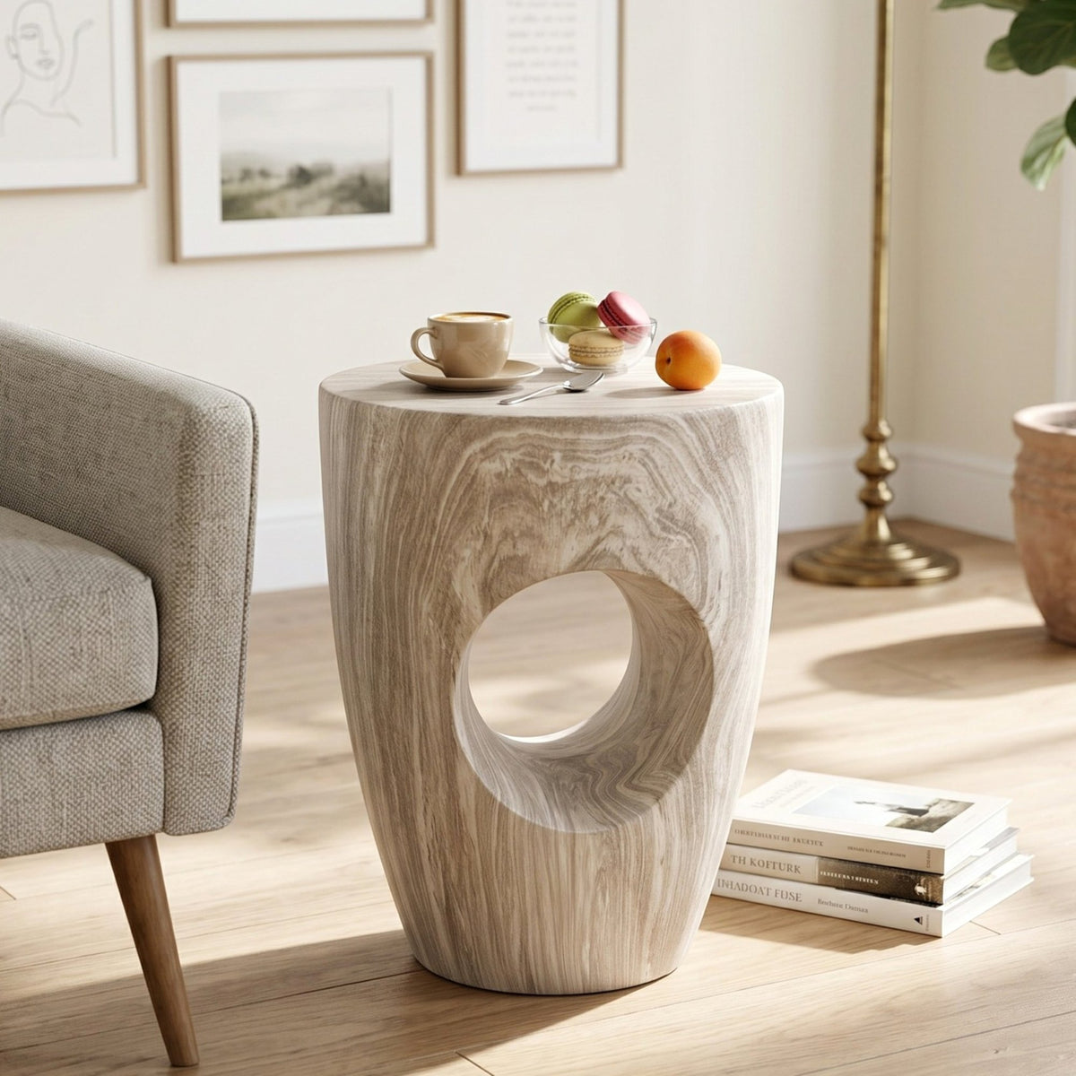 19.29"H Modern Round MgO Side Table with Cutout Accent, Faux Marble Outdoor Garden Stool & Indoor End Table, Weather Resistant Decorative Accent Table, No Assembly Required,Gray Marble