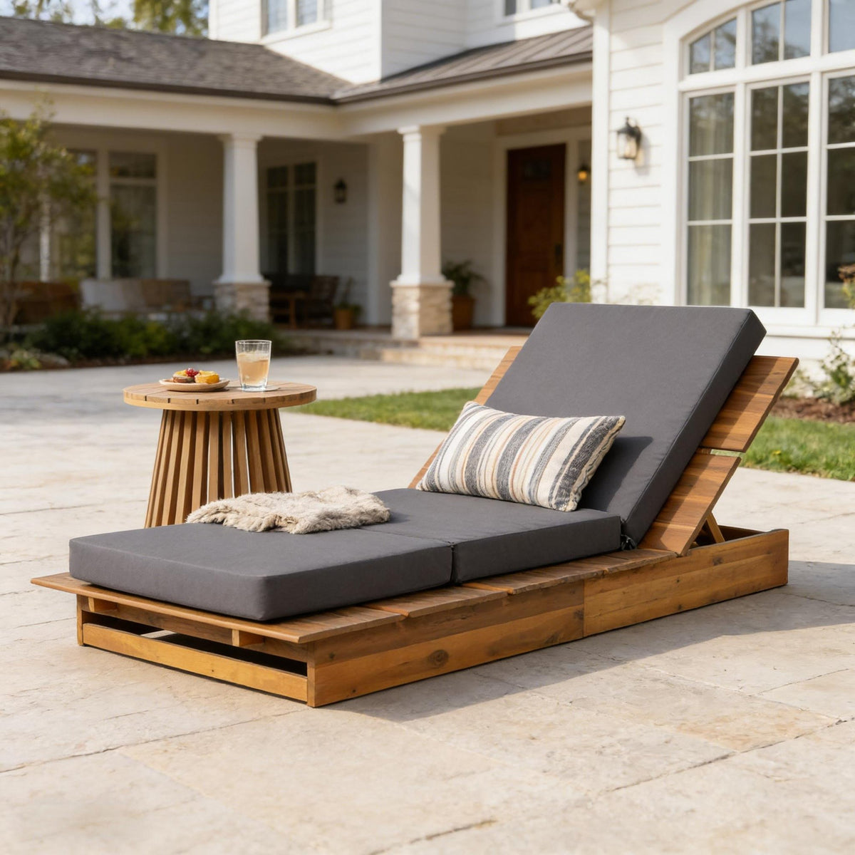 Acacia Wood Chaise Lounge with 4" Thick 3-Fold Dark Gray Movable Cushion – Wide Teak Finish Patio Lounger, 3-Position Recliner, 400 lbs Capacity
