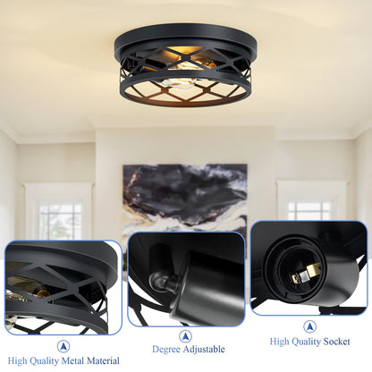 2 Pack 2-Light Matte Black Industrial Flush Mount Ceiling Light, Farmhouse Round Ceiling Lamp for Hallway Kitchen Entryway(No light bulb)